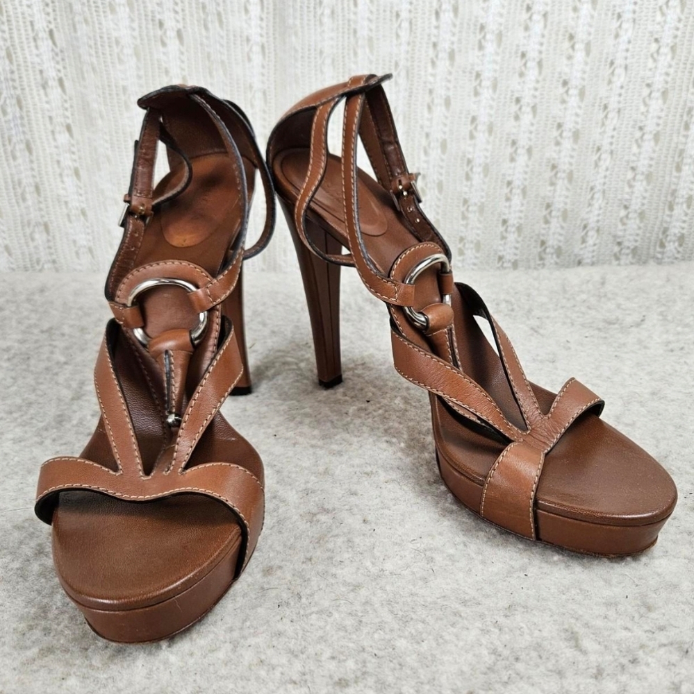 Gucci Silver Horsebit Leather Platform 5 inch Heels Tan Size 41 - Picture 2 of 10